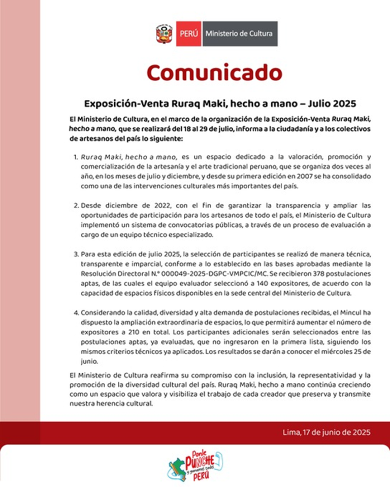 Comunicado del Mincul que aumenta los cupos para Ruraq Maki.
